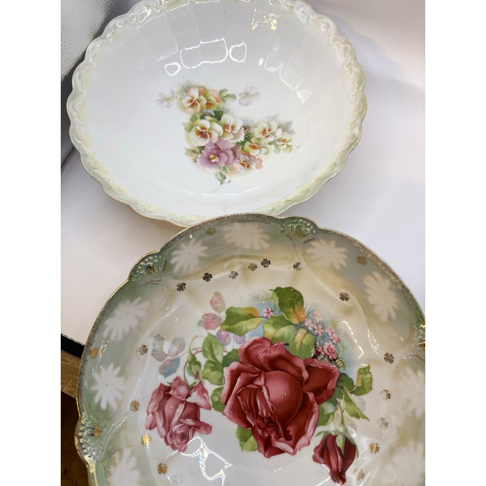 Set of 2 Vintage Porcelain Floral Serving Bowls Red Roses Pansies Gold Rim Vntg